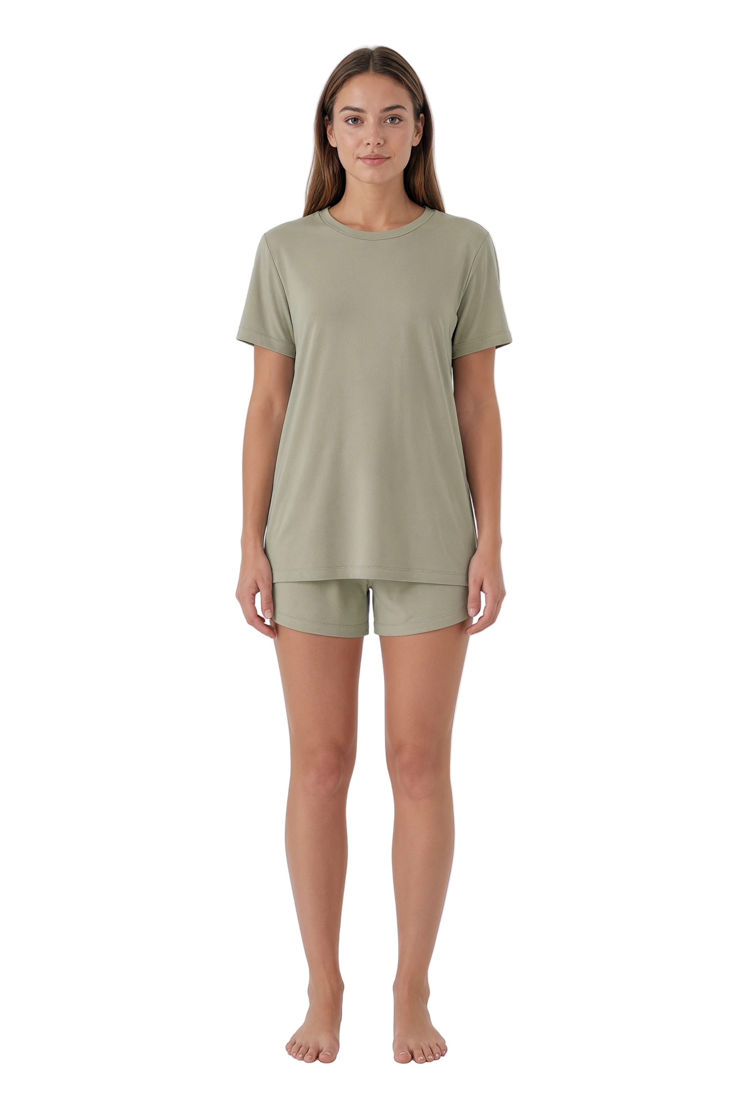 Woman wearing a green t-shirt and shorts set on a white background