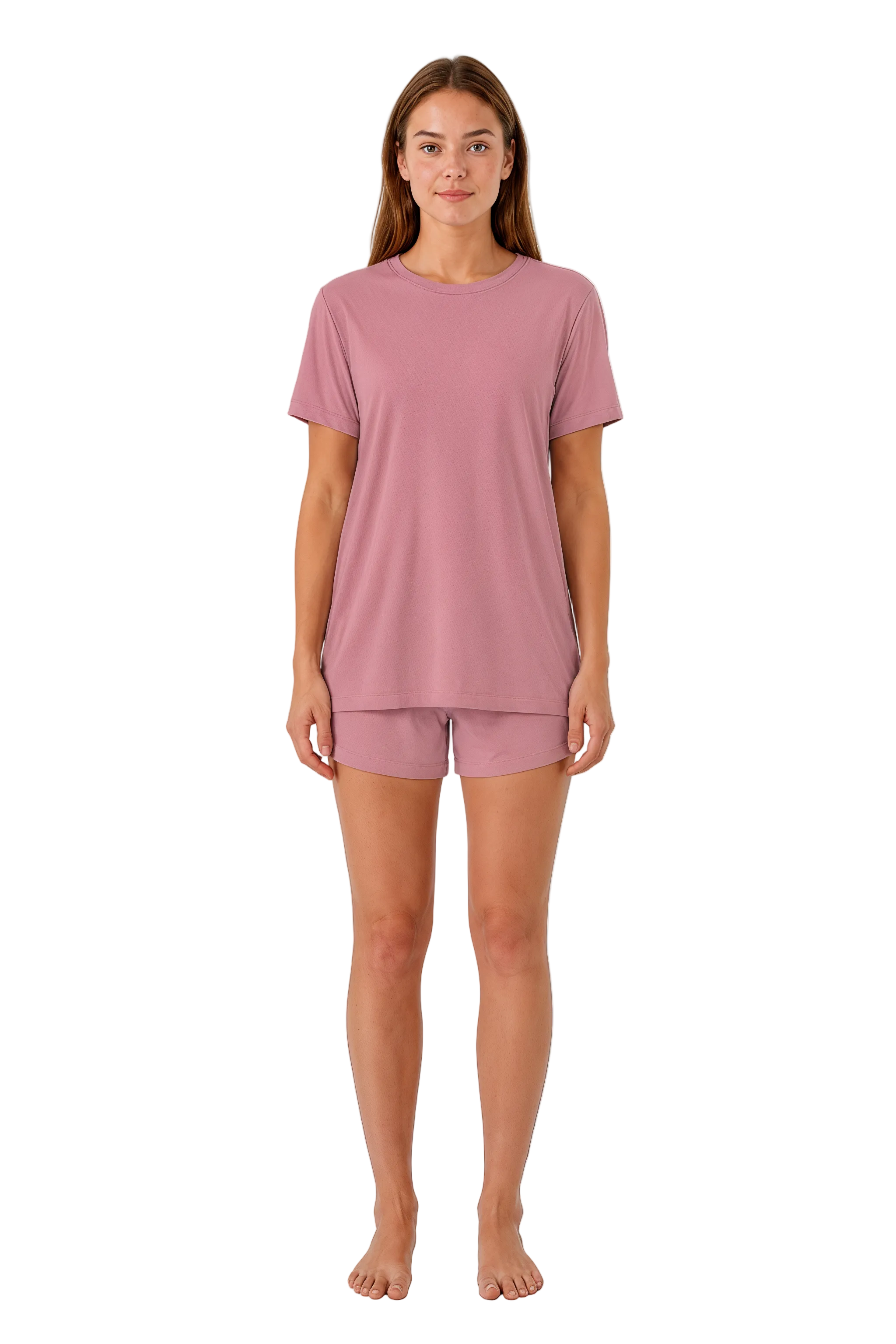 Woman wearing a pink pajama set on a white background