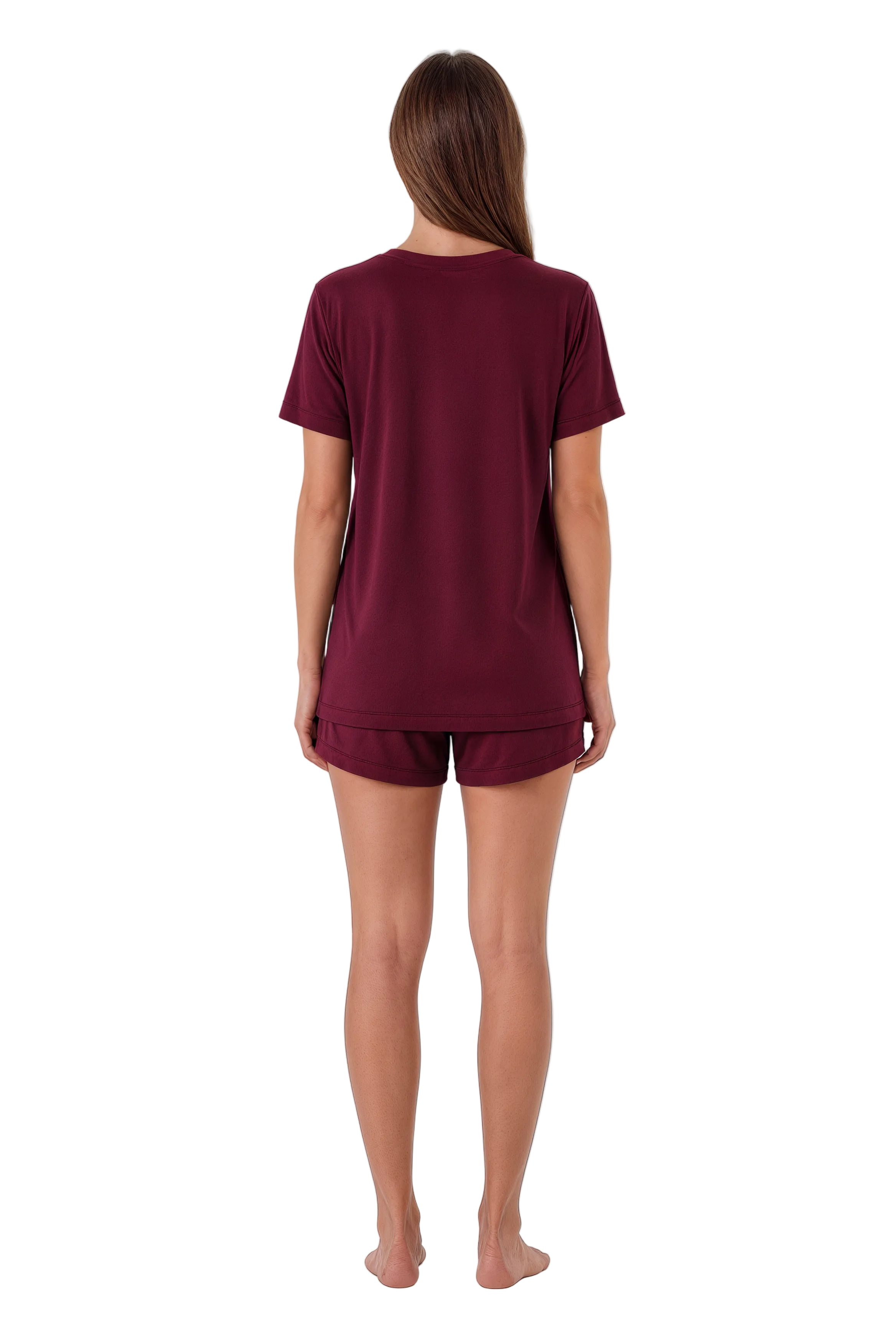A woman viewed from the back wearing a matching burgundy short-sleeve top and shorts pajama set against a plain white background.
