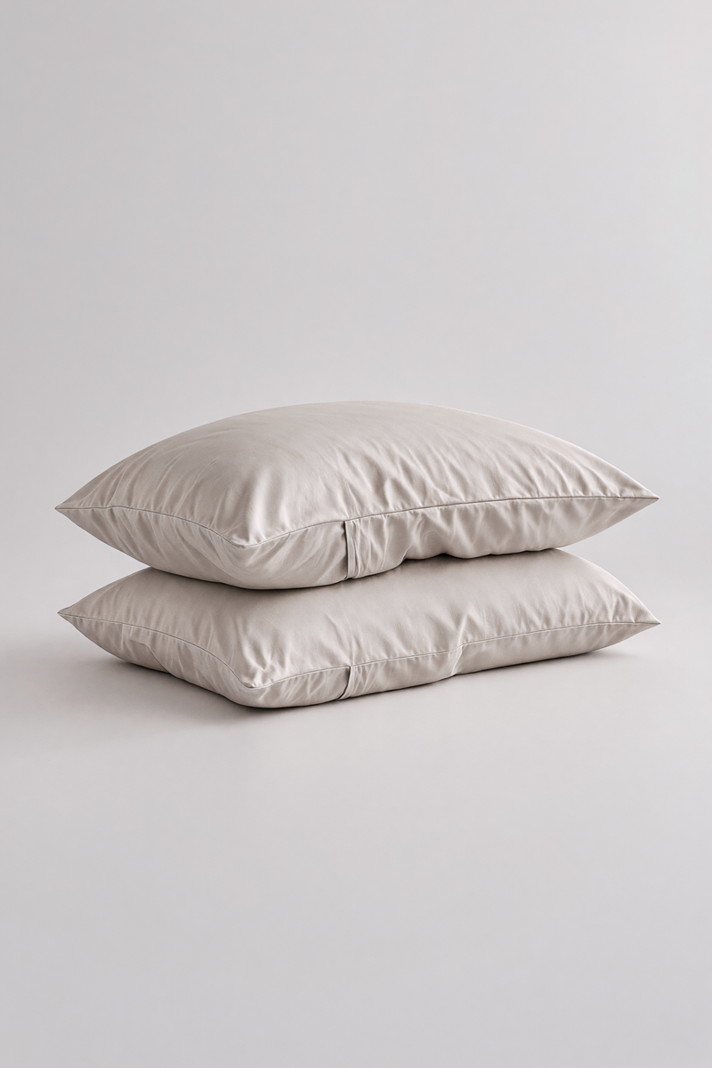 Two plain rectangular pillows stacked on top of each other in a light warm gray or off-white color, photographed against a seamless light gray studio background.